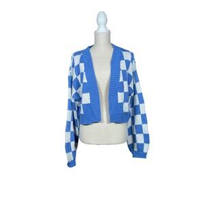 Resurrection Sweater Womens Medium Blue/White Cardigan Chunky Knit Y2K Checkered